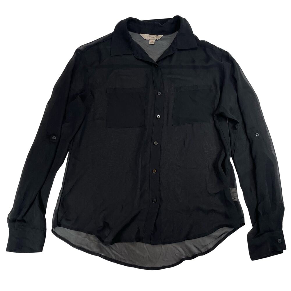 Decree Sheer Black Button Down Shirt Women's Medium Roll Tab Long Sleeve Chiffon